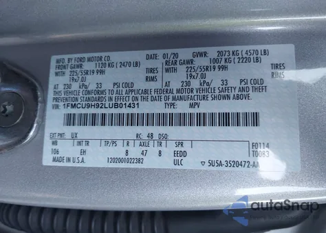 2020 Ford Escape Sel z USA, uszkodzony, nr VIN 1FMCU9H92LUB01431